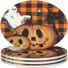 Halloween Pumpkins Orange Check Coasters, Set of 4 for Coffee Table Cup Bar
