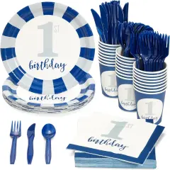 144-Piece Baby First Birthday Decorations and Tableware Sets - Nautical Blue (Serves 24)