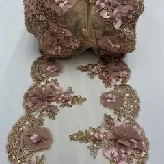 3 Yard Sequin 3D Lace Fabric 22.86 cm Wide Mesh with Pearls, Beads & Embroidery 100% Polyester Dusty Rose