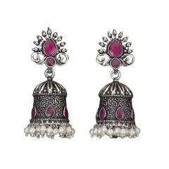 Indian Oxidized Jhumka Earrings for Women - Vintage Indian Jhumki Ethnic Chandbali Earrings Faux Pearls with Oxidized Platting Bollywood Style Dangle Earring Jewelry for Bride Gift for Her RUBY