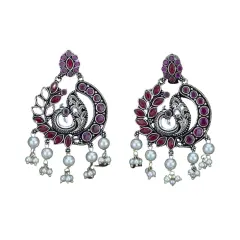 Indian Oxidized Jhumka Earrings for Women - Indian Peacock Earrings Ethnic Chandbali Jhumki Oxidized Beaded Bollywood Style Dangle Earring Jewelry for Bride | Birthday Gift for Her Ruby