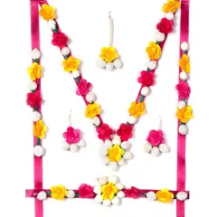 Flower Designer Jewelry Set for Women Handmade Necklace with Earrings Maang Tikka Wristbands Waistbelt Indian Artificial Jewelry for Haldi Mehndi Wedding Party Bridal Pink