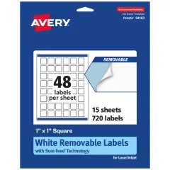 Avery Matte White Removable Square Labels with Sure Feed Technology, Print-to-the-Edge, 1" x 1"