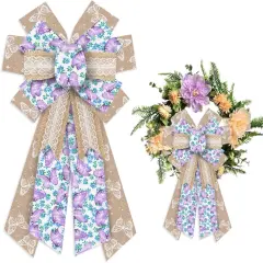 Large Spring Wreath Bows Purple Butterfly Burlap Bows for Wreath, Blue Brown Lace Flowers Ribbon Bows Spring Retro Flowers Decor Bows for Springtime Indoor Outdoor Decoration Wreath Ornament Supplies