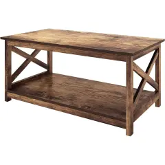 2-Tier Rustic Wood Coffee Table with Open X-Frame Sides Perfect for Living Room Storage