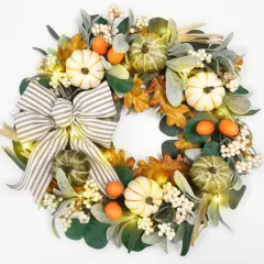20'' Fall Wreath with Lights, Eucalyptus Pumpkins Autumn Wreaths