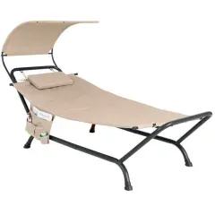 Outdoor Hammock Chaise Lounge Chair with Canopy and Cushion for Patio, Garden or Poolside Tan
