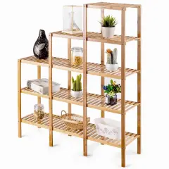 Natural Wicker Freestanding 5-Tier Shelf Rack for Plants Books or Decor Storage Organizer