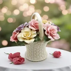 Ceramic Rose Flowers Basket Figurine, Wedding D&eacute;cor or Gift, Anniversary D&eacute;cor or Gift, Home D&eacute;cor, Gift for Her, Gift for Mom