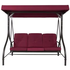 Outdoor Porch Swing with Burgundy Cushions and Adjustable Top