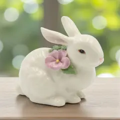 Ceramic Bunny Rabbit with Pink Pansy Flower Figurine, Home D&eacute;cor, Gift for Her, Gift for Mom, Kitchen D&eacute;cor, Spring D&eacute;cor, Easter D&eacute;cor