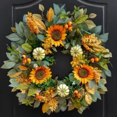 Fall Wreath for Front Door 24 Inch Artificial Sunflower and Pumpkin Fall Wreath with Berries, Autumn Harvest Fall Wreaths for Indoor Outdoor Decor, Thanksgiving and Halloween Decoration