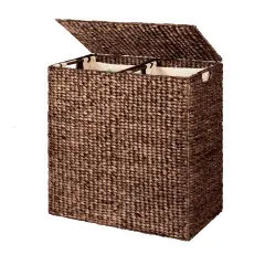 Espresso Water Hyacinth 2-Bin Laundry Hamper with Lid and Canvas Liners
