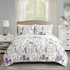Purple Grey White Cotton Blend Quilt Set with Floral and Butterfly Design
