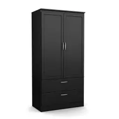 Modern Black Two Door Wardrobe with Drawers and Hanging Rod Storage for Bedroom Organization