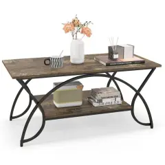 Rustic Brown Wooden 2-Tier Coffee Table with Storage Shelf and Steel Frame for Living Room