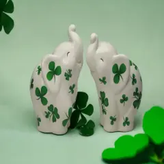 Ceramic Elephant with Shamrock Salt and Pepper Shakers, Home D&eacute;cor, Gift for Her, Mom, Kitchen D&eacute;cor, Irish Saint Patrick&rsquo;s Day D&eacute;cor