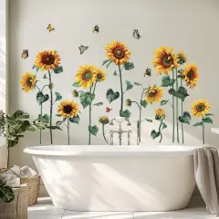 Watercolor Sunflower Wall Sticker Peel and Stick Flower Butterfly Wall Decal