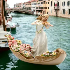 Ceramic Lady Playing Violin on Venice Gondola with Flowers Figurine, Home D&eacute;cor, Gift for Her, Gift for Mom, Nature Lover D&eacute;cor, Cottagecore