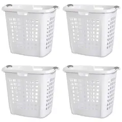 White Heavy Duty Plastic Laundry Baskets Set of 4 with Reinforced Rims and Handles