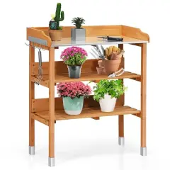 Outdoor Wood Garden Bench with Storage Shelves and Metal Work Surface