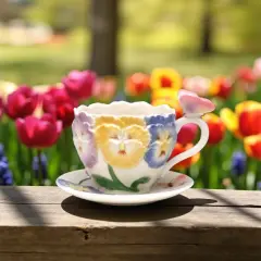 Ceramic Pansy flower with butterfly cup and saucer, Gift for Her, Gift for Mom, Gift for Friend or Coworker, Tea Party D&eacute;cor, Caf&eacute; Decor