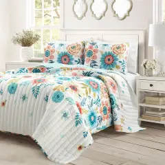 Teal Blue Pink White Polyester 3-Piece Reversible Floral Quilt Set