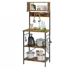 Rustic Brown Wood & Metal Kitchen Baker&rsquo;s Rack with 5 Shelves and Power Outlets