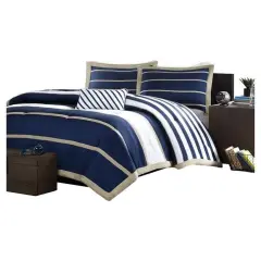Navy Blue White Khaki Comforter Set Full Queen Size 4 Piece