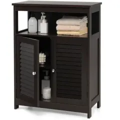 Bathroom Floor Cabinet with Louvered Doors and Open Shelf, Adjustable Storage Organizer Brown
