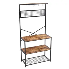 Rustic Brown Wood and Metal Baker&rsquo;s Rack with 5 Shelves, Hooks and Adjustable Feet