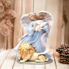 Ceramic Angel with Lion and Sheep Music Box, Religious D&eacute;cor, Religious Gift, Church D&eacute;cor, Church Gift, Baptism Gift