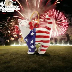 Ceramic Patriotic Cat Ornament, Home D&eacute;cor, Patriot Gift, Gift for Mom, Gift for Dad, Independence Day D&eacute;cor, July 4th