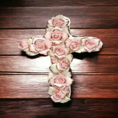 Ceramic Pink Roses Cross Pendant, Religious D&eacute;cor, Religious Gift, Church D&eacute;cor, Church Gift, Baptism Gift