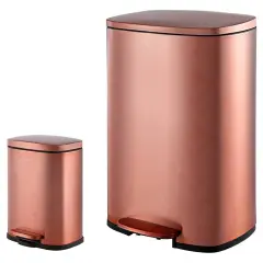 Set of 2 Copper Gold Stainless Steel Trash Can Set with Step Pedal and Soft-Close Lid