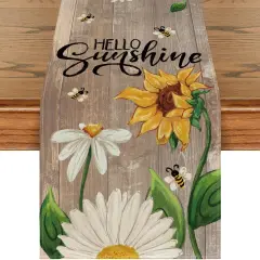 Wood Sunflowers Daisy Bees Summer Table Runner, Seasonal Spring Kitchen Dining Table Decoration for Home Party Decor 13x72 Inch