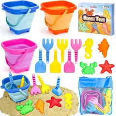 Summer Beach Toys for Kids 3-10, Collapsible Sand Castle Toys for Beach Include 3 Pack Foldable Buckets, Shovels Molds and Storage Mesh Bag, Sandbox Travel Toys for Toddlers Kids