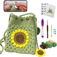 Crochet Kit for Beginners Sunflower Bag Crochet Starter Kit with Video Tutorials and Yarns, Hook DIY Adults & Kids Knitting Supplies(40%+ Yarn)