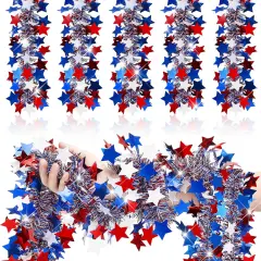 2 Pcs 80 Feet Memorial Day Patriotic Garland Decoration 4th of July Red White Blue Star Independence Day Tinsel Garland Metallic Tree Garland Glitter Tinsel Hanging Twist for Holiday Day Decor