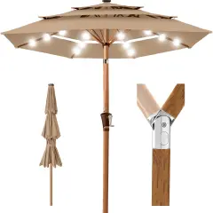 Best Choice Products Woodgrain Pattern 10ft 3-Tier Solar Patio Umbrella w/ 24 LED Lights, Tilt Tan