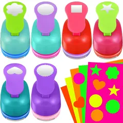 6 Pcs Colorful Craft Hole Punch with 30 Pcs Colorful Craft Sticker Paper Punch 1 Inch Paper Punchers Scrapbook Punches with Craft Sticker Paper, Flower, Round, Star, Square, Heart, Wave Circle Shape