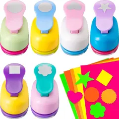 16 Pcs Craft Holes Punch Paper Punchers Scrapbook Punches with Craft Sticker Paper, Round, Star, Square, Heart, Flower, Wave Circle Shape(1 Inch,Multiple Styles)
