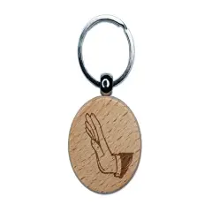 Stop Wait Halt Hand Gesture Engraved Wood Round Keychain Tag Charm