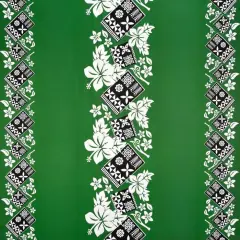 1 Yard Hibiscus Tropical Leaves Polyester Fabric with Traditional Tapa Double Border, 45 Inches Width Green