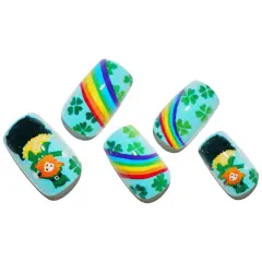 Green Press on Nail Medium Square, Fall Lucky Clover Fake Nail Short with Four Leaf Design for St.Patrick Day, Glitter Gloss Gel Glue on Nail Kit, Rainbow Acrylic Stick on False Nail