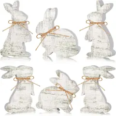 6 Pcs Easter Bunny Table Wooden Sign Decorations Rabbit Decorations with Ropes Classic Easter Decor Rustic Rabbit Shaped Tabletop Centerpieces for Party Gifts Home Tiered Tray Decor