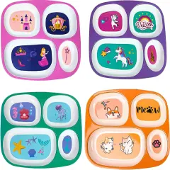 4E&rsquo;s Novelty Kids Melamine Dinner Plates Set of 4 for Girls &ndash; Divided Plates for Picky Eaters, BPA-Free, Princess, Unicorn, Cat & Sea Life Toddler Plates
