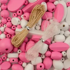 John Bead Craft Wood Beads with Elastic Nylon Cord, 90g Pink and White