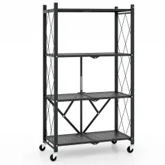 4-Tier Black Fold-able Storage Shelf Collapsible Storage Rack with Lockable Wheels