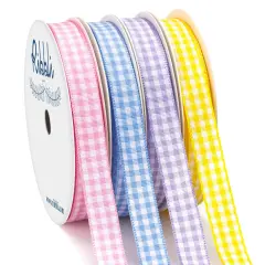 Ribbli 4 Rolls 3/8 Inch Gingham Ribbon,Total 40 Yards,100% Polyester Woven Edge,(Lt.Pink/Lt.Blue/Lt.Purple/Yellow),Easter Ribbon,Check Ribbon Use for Baby Shower,Gift Wrapping